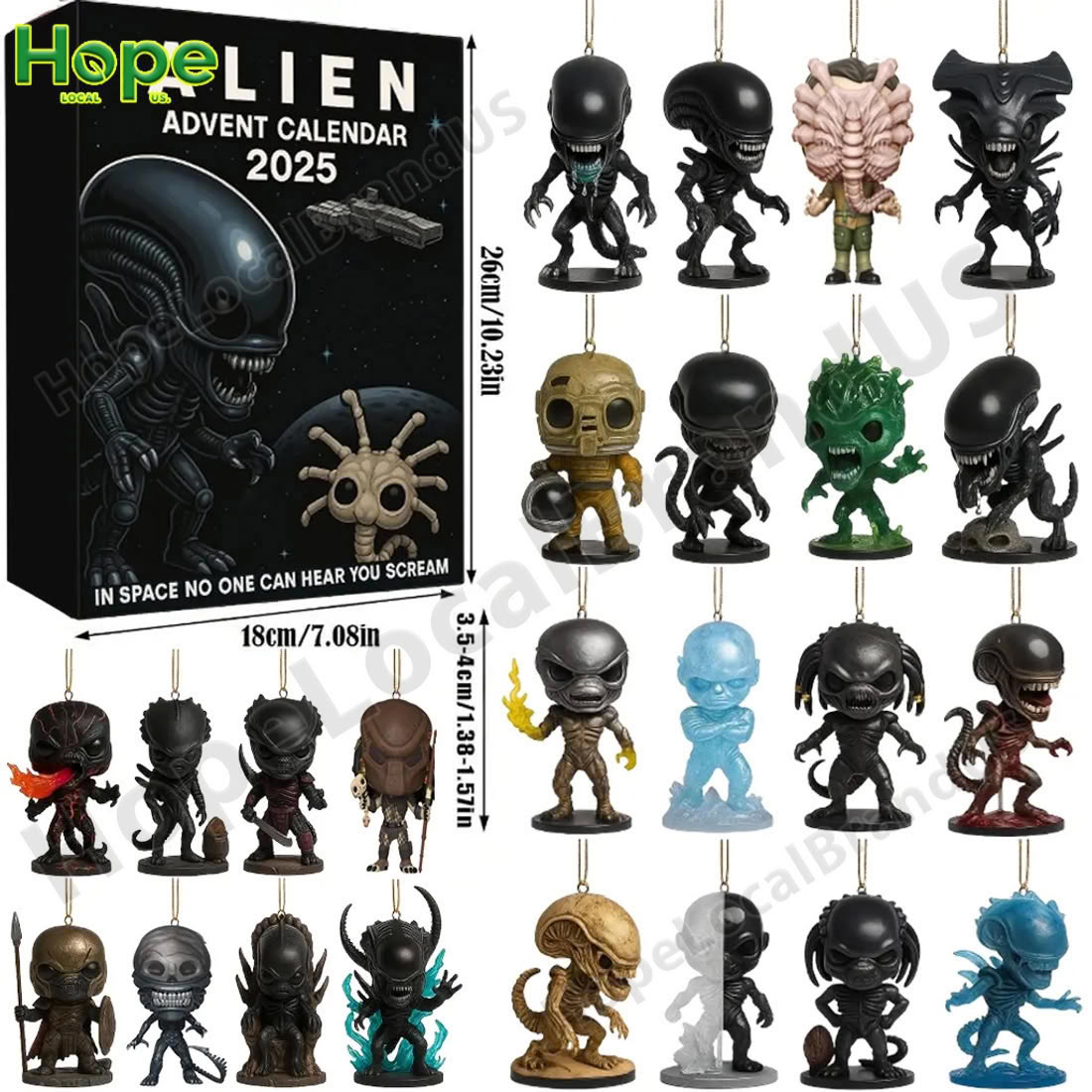 A box for the Alien Advent Calendar 2025 is displayed next to all 24 unique sci fi character figures included inside!