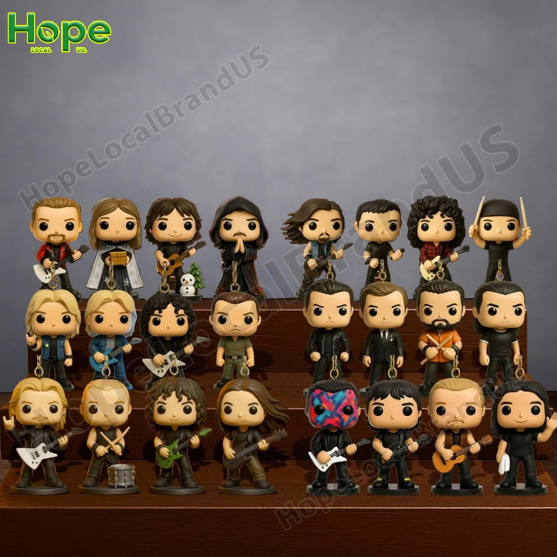 A collection of 24 stylized figures of the Metallica band members is arranged on a tiered wooden stand against a dark background!