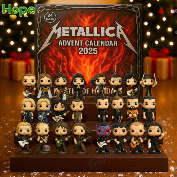 The Metallica Advent Calendar 2025 and the full set of 24 figures are shown on a wooden stand against a clean white background!