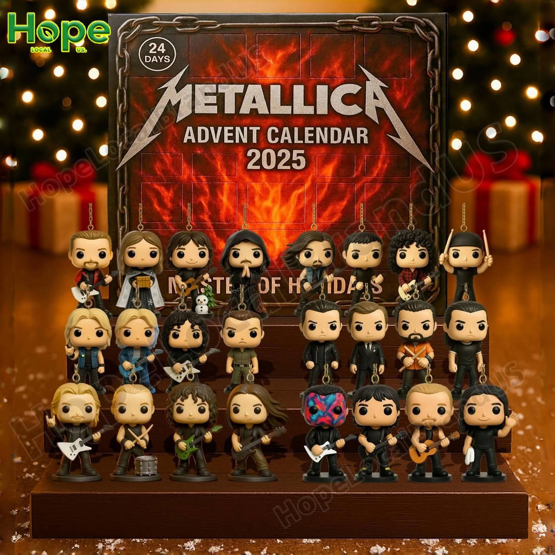 The Metallica Advent Calendar 2025 and the full set of 24 figures are shown on a wooden stand against a clean white background!