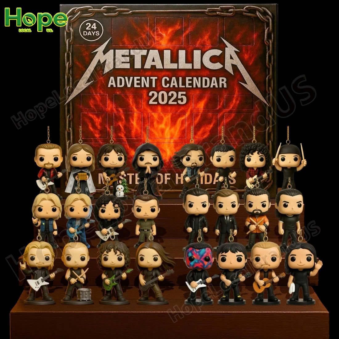 A complete view of the Metallica Advent Calendar 2025 box and the 24 collectible figures arranged on a stand against a light grey background!