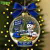 A clear round New York Mets holiday ornament with a mascot trophies and fan signs inside!