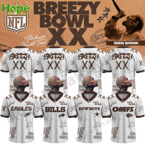 A collage showing four different NFL team jerseys from the Chris Brown Breezy Bowl XX collection including the Eagles Bills Cowboys and Chiefs!