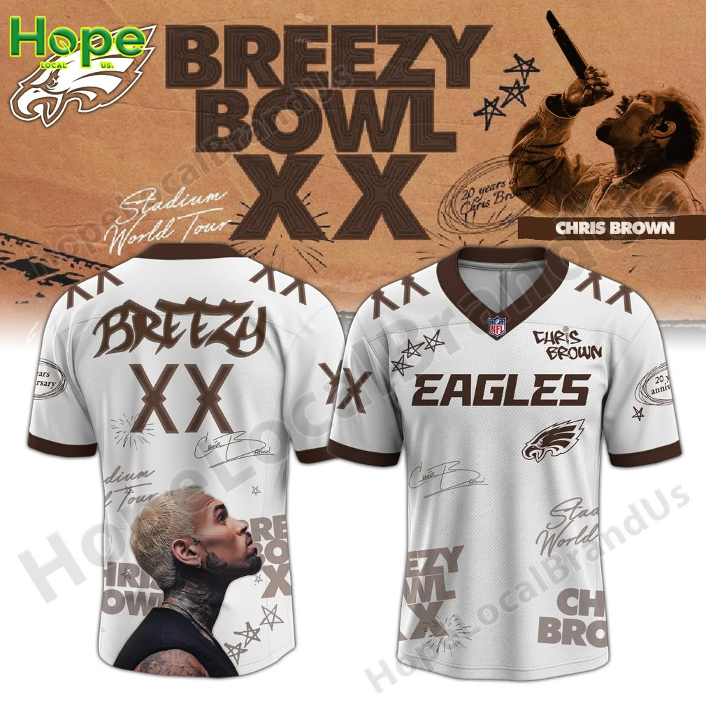 Front and back design of the Philadelphia Eagles collaboration jersey from the Chris Brown Breezy Bowl XX World Tour collection!