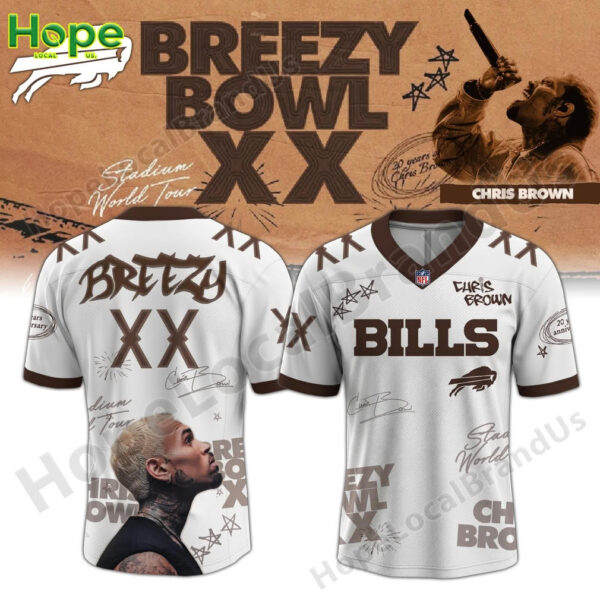 A white and brown Buffalo Bills v neck jersey from the Chris Brown Breezy Bowl XX collection displayed from the front and back!