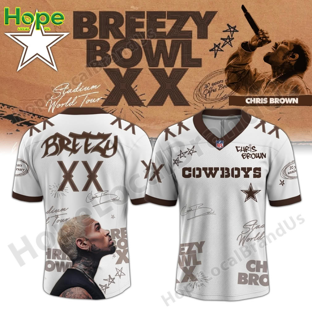 Front and back view of the Chris Brown Breezy Bowl XX collaboration jersey for the Dallas Cowboys in white and brown!