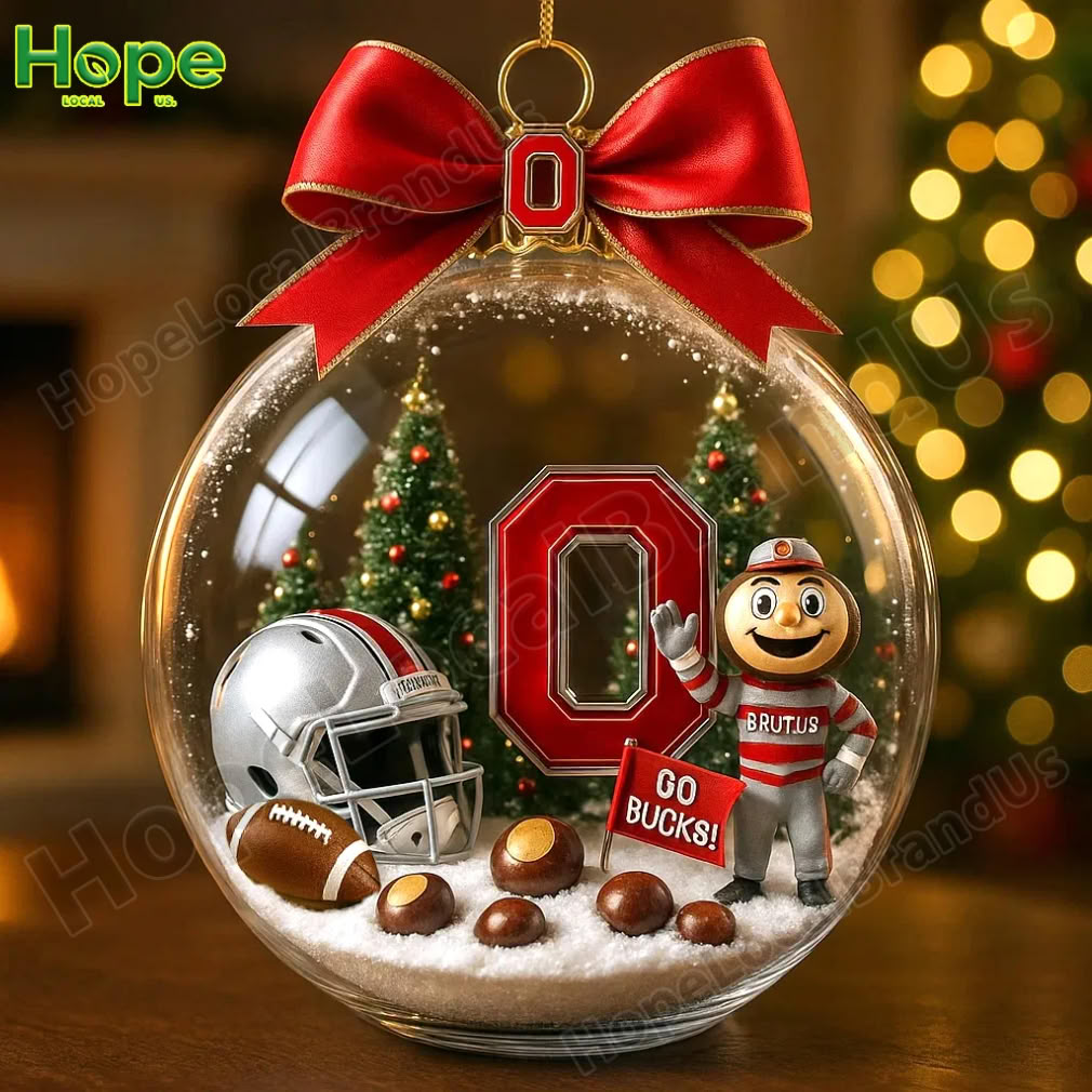 An Ohio State Buckeyes snow globe ornament features the Brutus mascot a helmet and the O logo inside a clear ball!