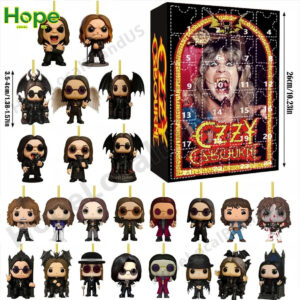 The Ozzy Osbourne Advent Calendar 2025 box is shown surrounded by all 24 flat acrylic ornaments included in the set!