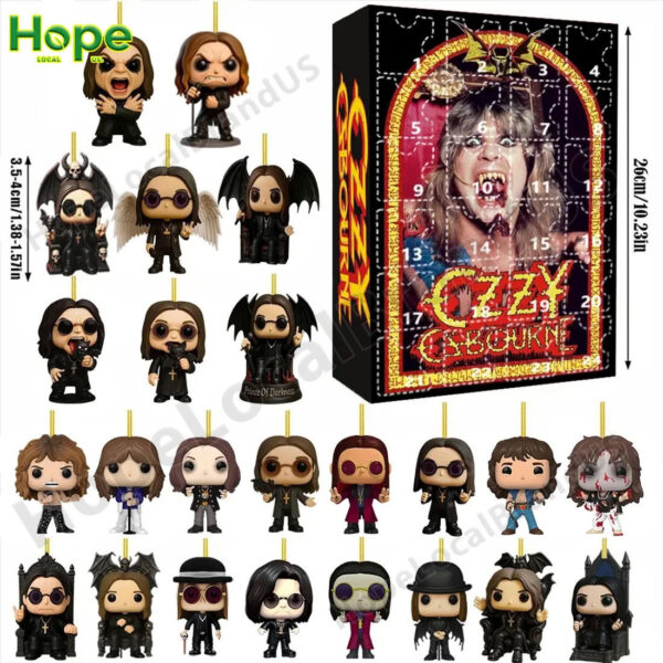 The Ozzy Osbourne Advent Calendar 2025 box is shown surrounded by all 24 flat acrylic ornaments included in the set!