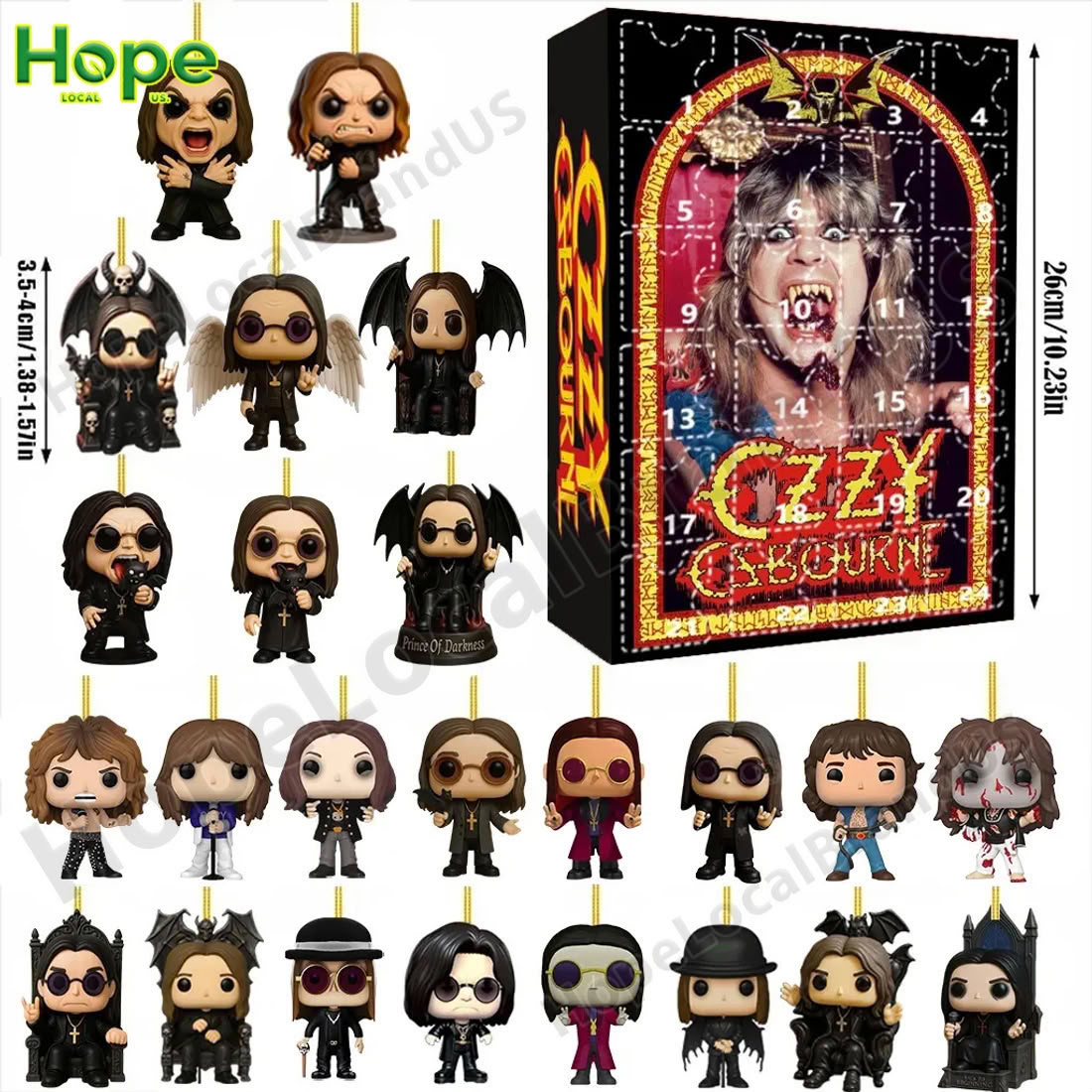 The Ozzy Osbourne Advent Calendar 2025 box is shown surrounded by all 24 flat acrylic ornaments included in the set!