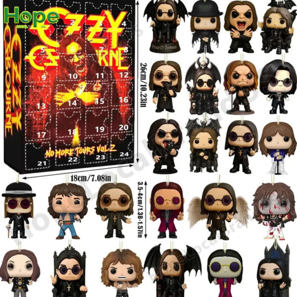 The Ozzy Osbourne Advent Calendar 2025 box is displayed to the left of all 24 unique acrylic ornaments arranged in neat rows!