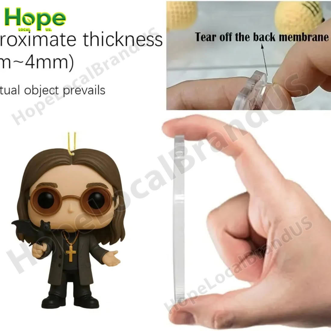 An image shows the 3 to 4 millimeter thickness of an acrylic Ozzy ornament and a hand peeling off the protective back film!