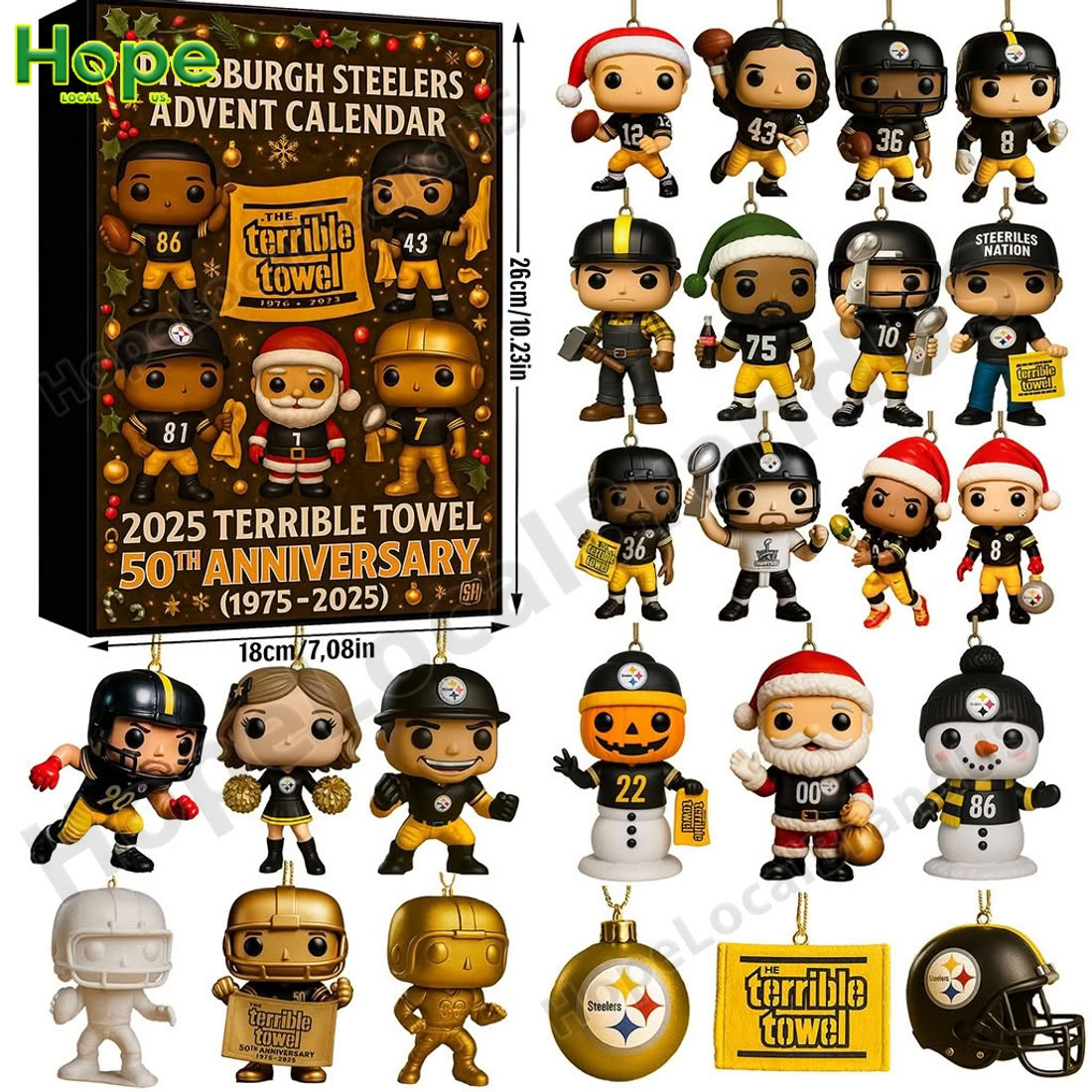 Pittsburgh Steelers Advent Calendar with a wide variety of themed collectible figures and holiday ornaments.
