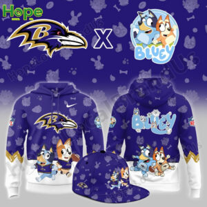 Purple Baltimore Ravens hoodie with Bluey and Bingo characters in football outfits.