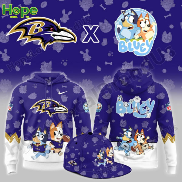 Purple Baltimore Ravens hoodie with Bluey and Bingo characters in football outfits.