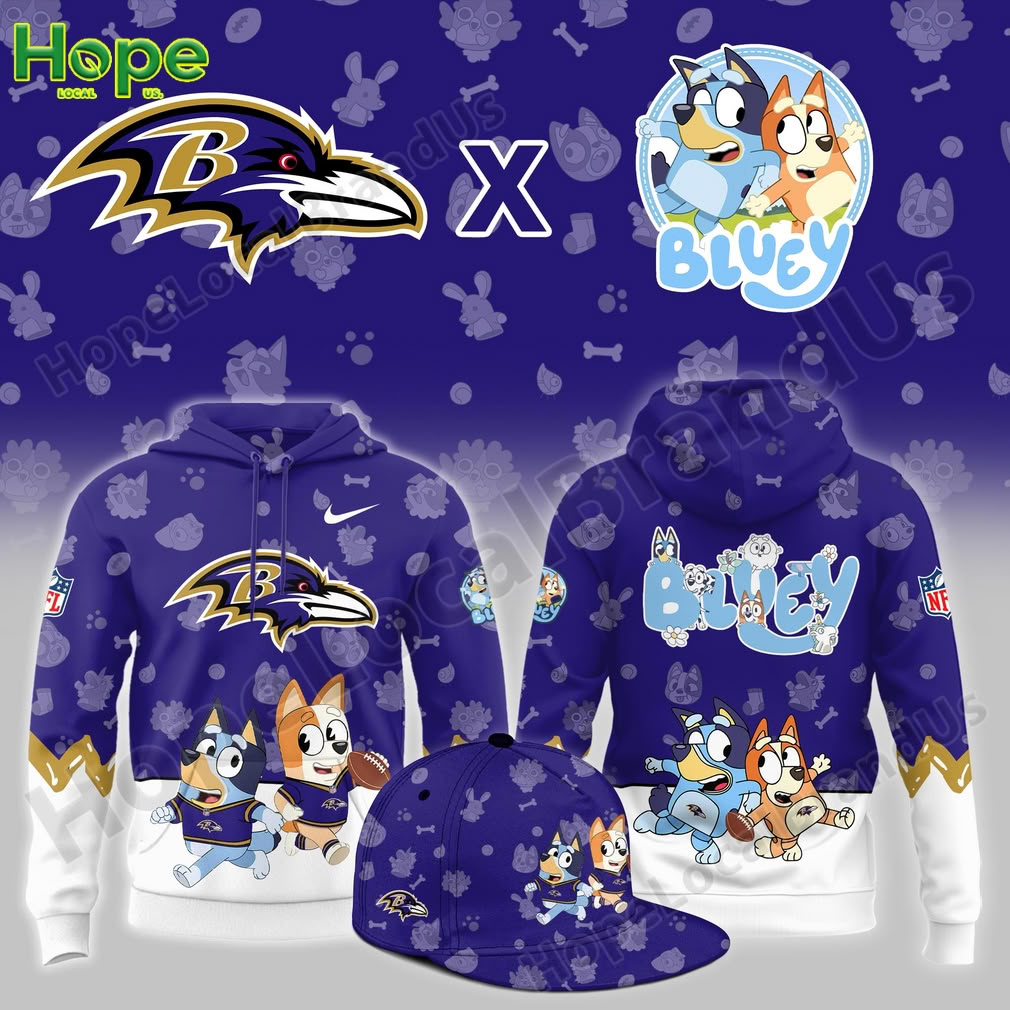 Purple Baltimore Ravens hoodie with Bluey and Bingo characters in football outfits.