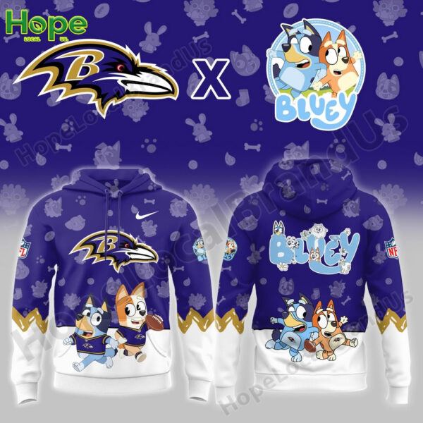 Baltimore Ravens hoodie with Bluey and Bingo cartoon football design on front and back.