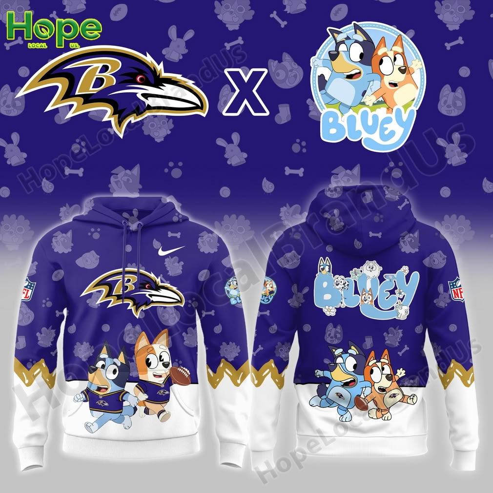 Baltimore Ravens hoodie with Bluey and Bingo cartoon football design on front and back.