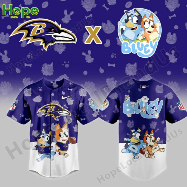 Baltimore Ravens jersey shirt with Bluey and Bingo football cartoon design.
