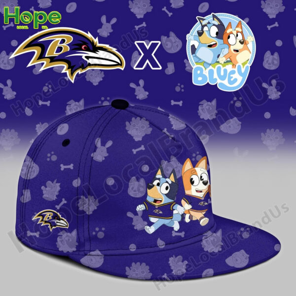 Purple Baltimore Ravens cap with Bluey and Bingo football cartoon design.