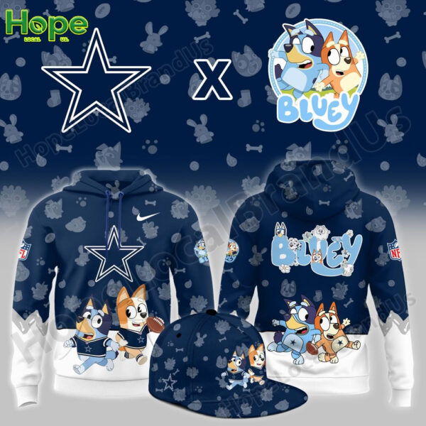Dallas Cowboys hoodie featuring Bluey and Bingo from the Bluey TV show with NFL and team branding.
