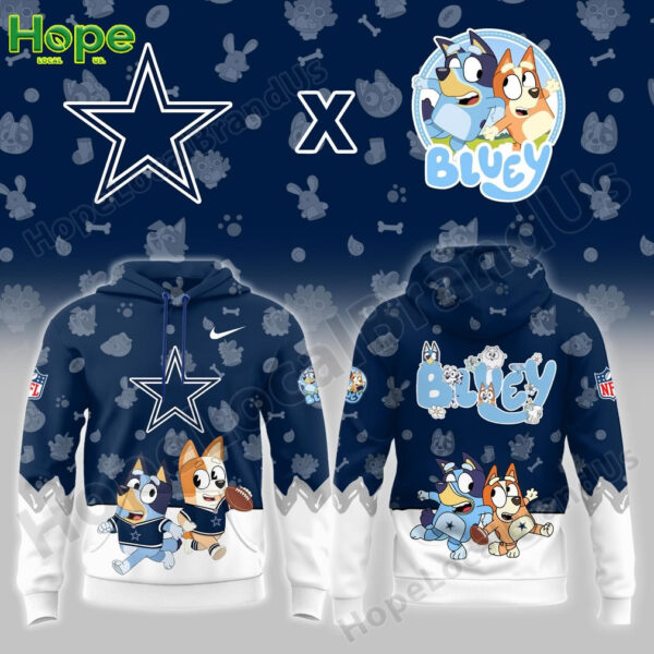 Dallas Cowboys hoodie with Bluey and Bingo characters, NFL branding, and playful designs on the front and back.