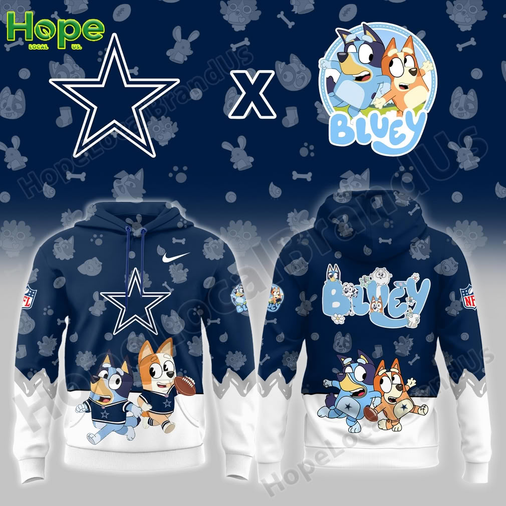 Dallas Cowboys hoodie with Bluey and Bingo characters, NFL branding, and playful designs on the front and back.