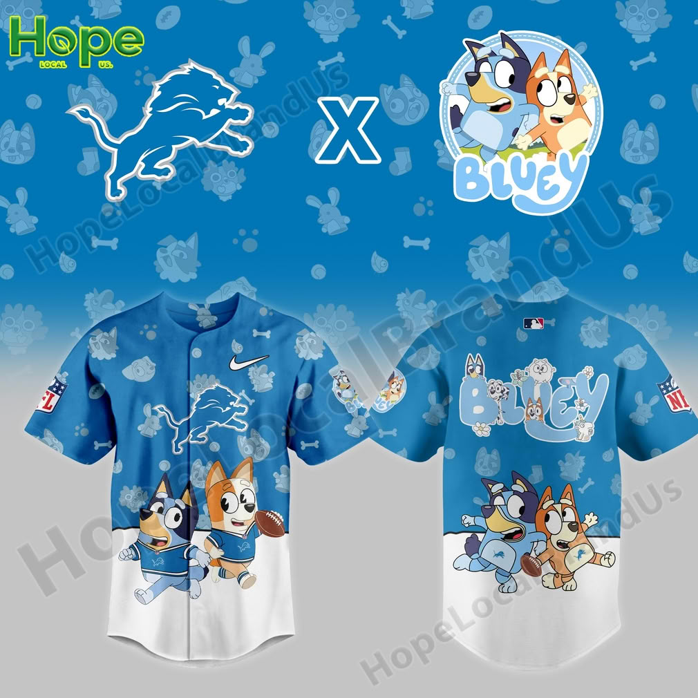 A blue baseball-style jersey featuring Bluey and Bingo along with the Detroit Lions logo. The jersey has a fun, sporty design that blends the NFL team with the animated characters.