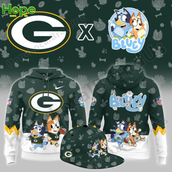 Green Bay Packers hoodie front and back with Bluey and Bingo art plus a matching green cap!