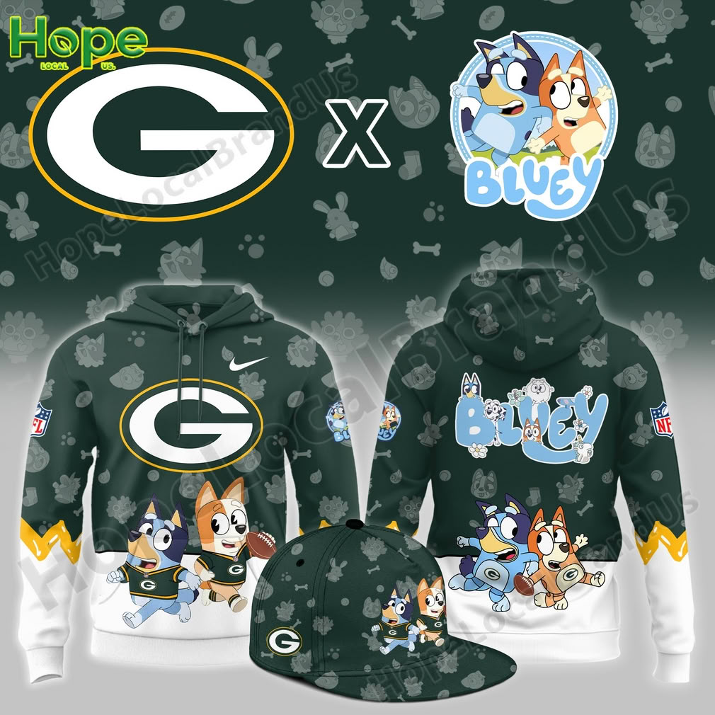 Green Bay Packers hoodie front and back with Bluey and Bingo art plus a matching green cap!