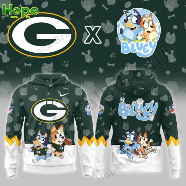 Front and back of a Packers hoodie with Bluey and Bingo illustrations and large team logo!