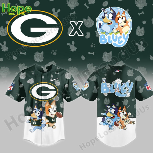 Baseball style Green Bay Packers jersey with Bluey and Bingo graphics front and back!