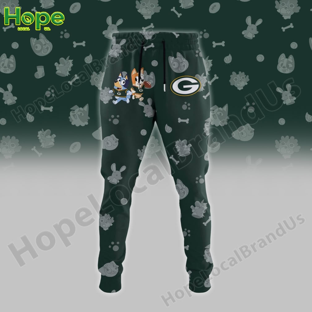 Green Packers jogger pants with Bluey and Bingo and team logo on the thigh!