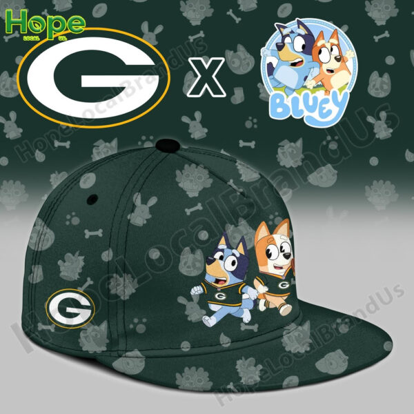Green Packers cap with Bluey and Bingo artwork and side team logo!