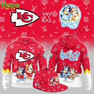 A hoodie featuring the Kansas City Chiefs logo and characters Bluey and Bingo, set against a red background with a mix of NFL and Bluey-themed designs.