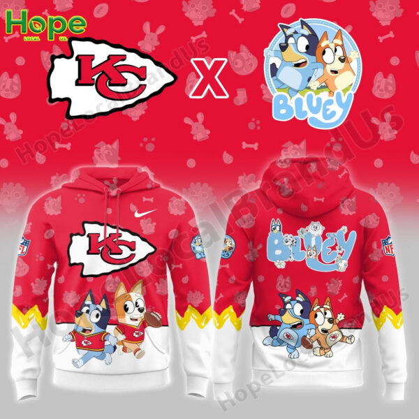 A red hoodie featuring the Kansas City Chiefs logo with Bluey and Bingo characters, along with NFL elements and playful designs.