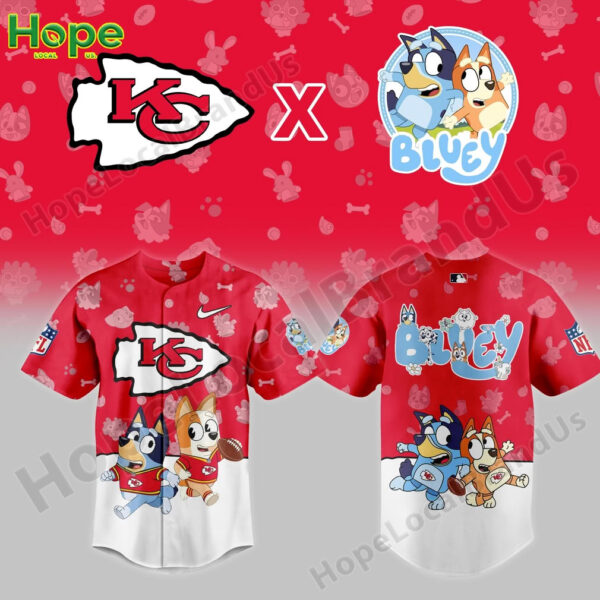 A red Kansas City Chiefs jersey featuring Bluey and Bingo characters, with NFL logos and playful designs.