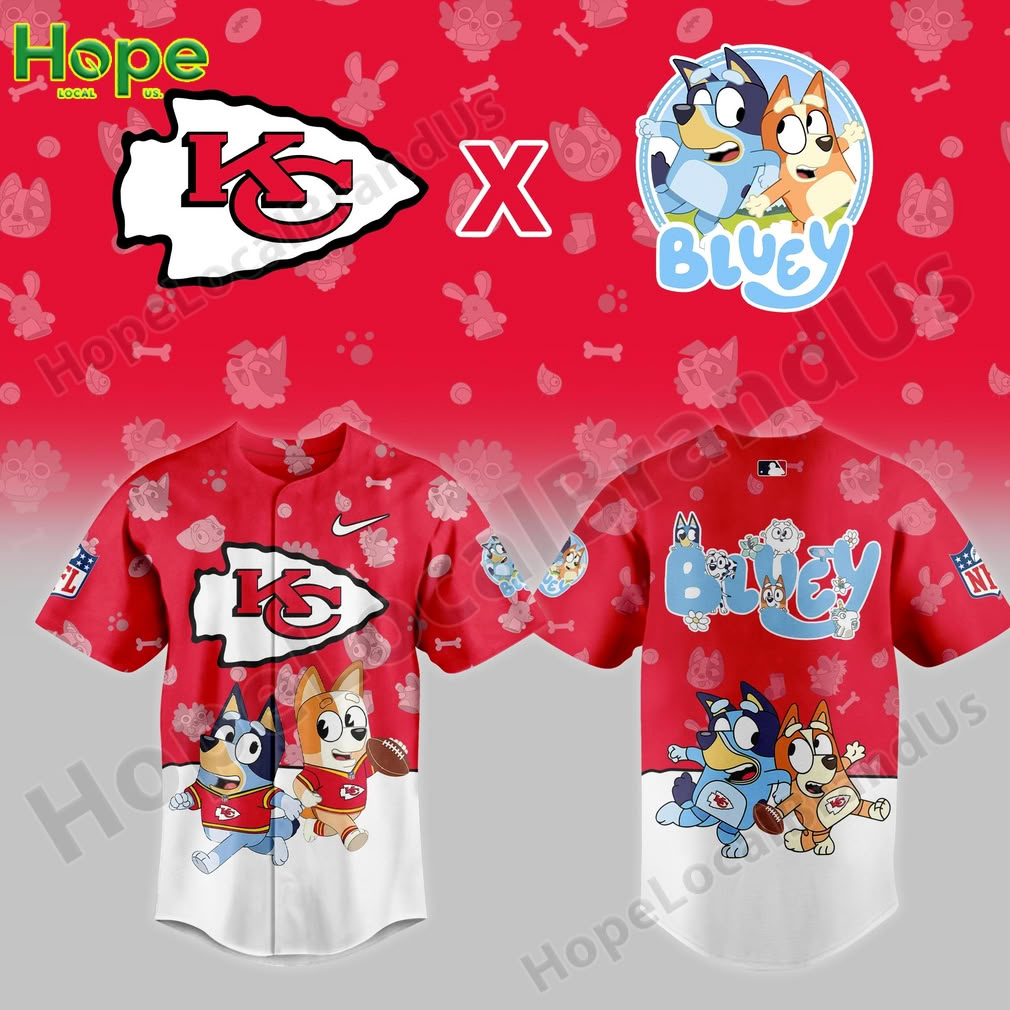 A red Kansas City Chiefs jersey featuring Bluey and Bingo characters, with NFL logos and playful designs.