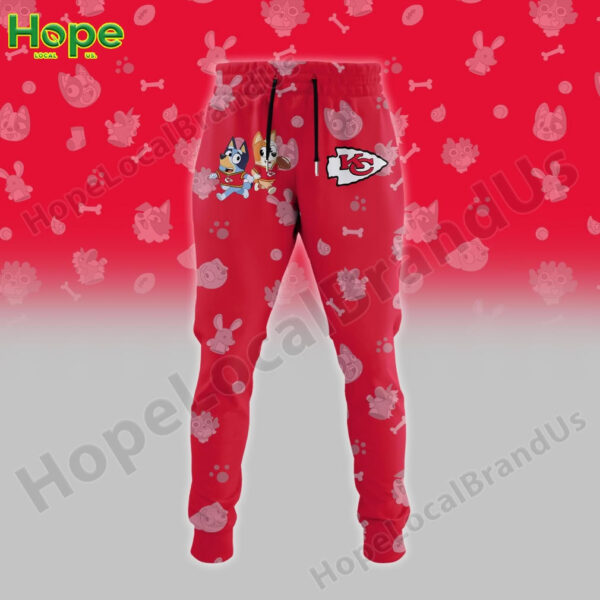 Red sweatpants with Kansas City Chiefs logo and Bluey and Bingo characters on the sides.