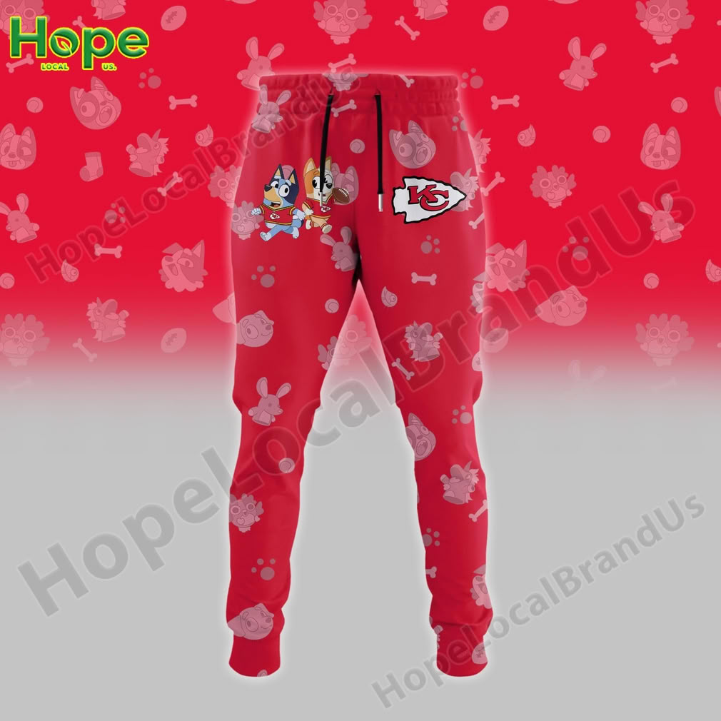 Red sweatpants with Kansas City Chiefs logo and Bluey and Bingo characters on the sides.