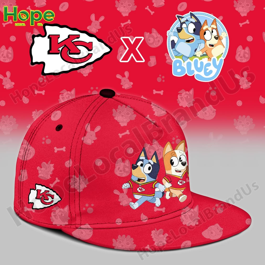 A red cap featuring Kansas City Chiefs logo and Bluey and Bingo characters on the front.