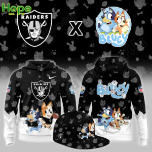 A black hoodie featuring the Las Vegas Raiders logo on the front and Bluey and Bingo running with a football on the back.