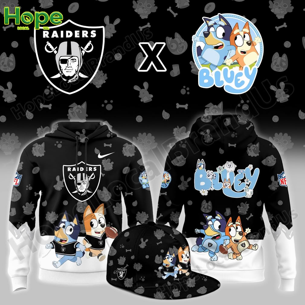 A black hoodie featuring the Las Vegas Raiders logo on the front and Bluey and Bingo running with a football on the back.