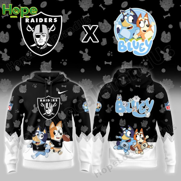 A hoodie featuring the Las Vegas Raiders logo on the front and Bluey and Bingo running with a football on the back, in black with white accents.