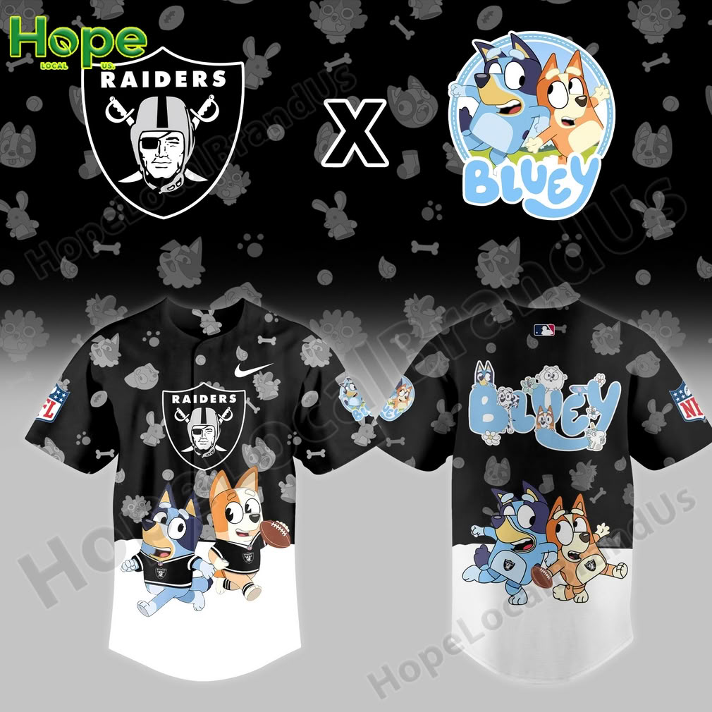 A black baseball jersey with the Las Vegas Raiders logo on the front and Bluey and Bingo running with a football on the back.