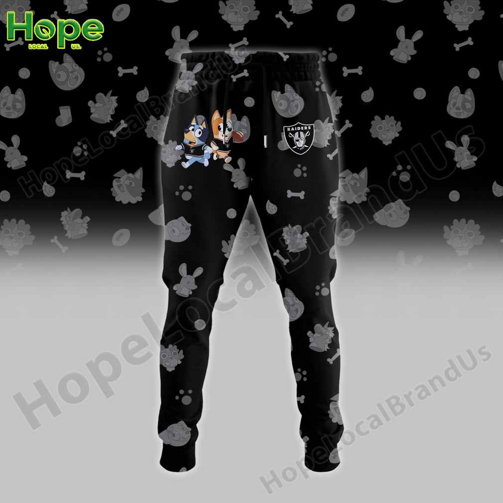 Black sweatpants with the Las Vegas Raiders logo and Bluey and Bingo running with a football design.