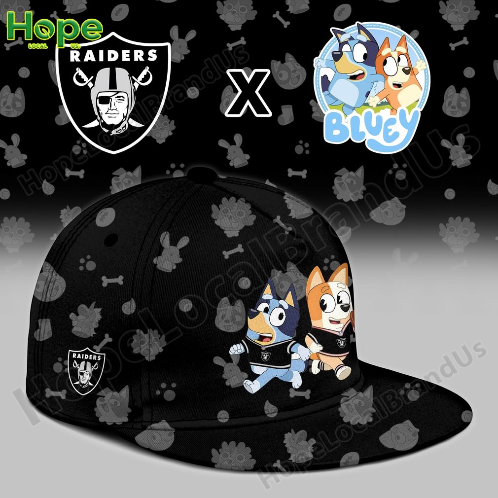 A black cap with the Las Vegas Raiders logo and Bluey and Bingo running with a football design on the front.