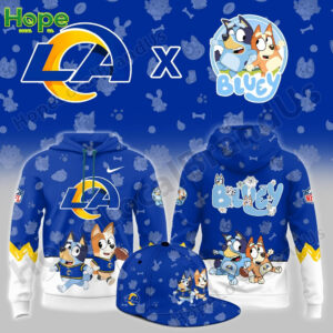A hoodie with the Los Angeles Rams logo and characters Bluey and Bingo from the animated show Bluey.