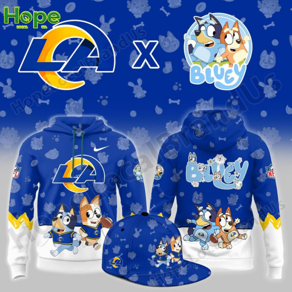 A hoodie with the Los Angeles Rams logo and characters Bluey and Bingo from the animated show Bluey.