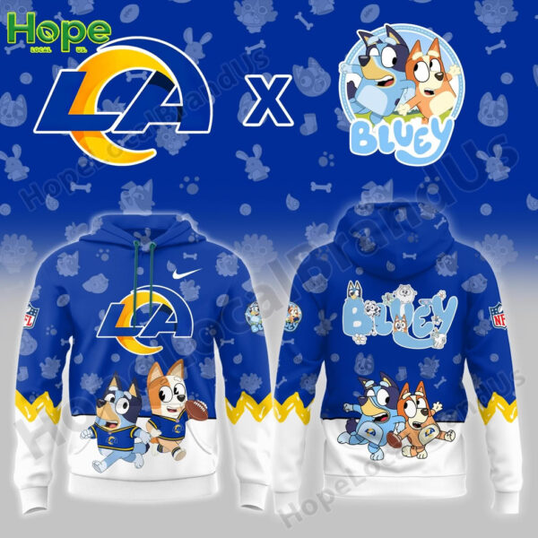 A hoodie featuring the Los Angeles Rams logo and Bluey and Bingo characters.